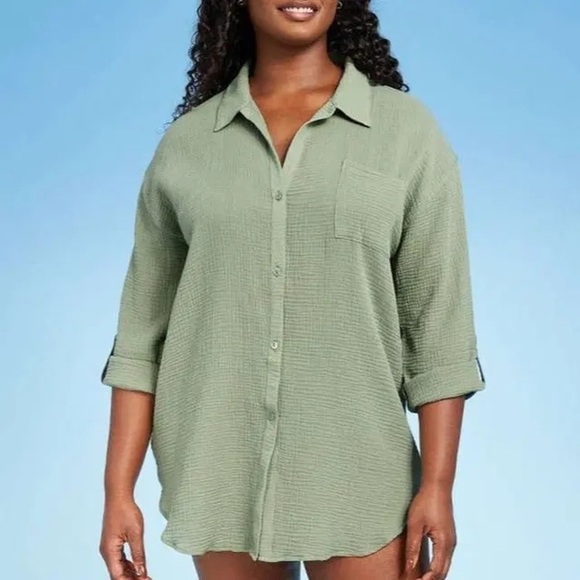 Kona Sol Green Gauzy Button-Up Beach Shirt - Picture 8 of 9